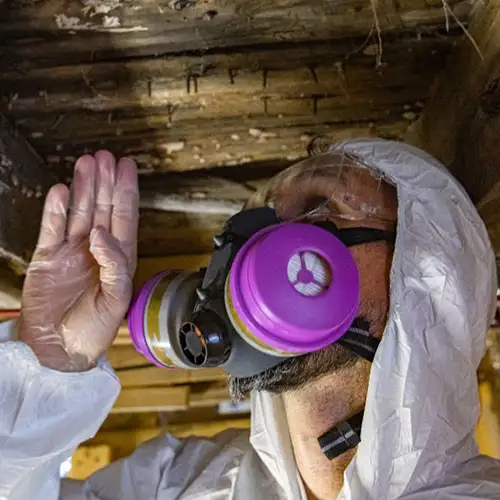 Exterminator inspecting crawlspace of a house | American Pest Management serving Kansas  